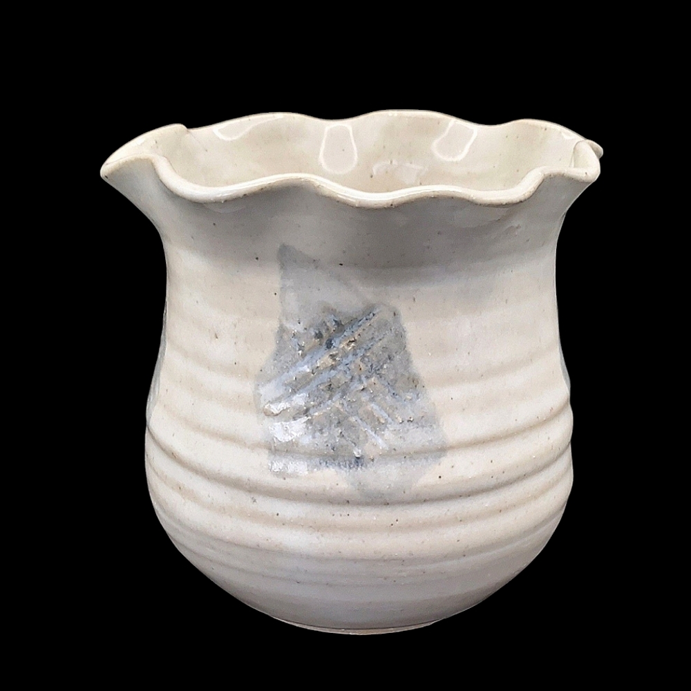 Elegant Cream and Gray / Blue Studio Art Pottery Container Signed MJW.